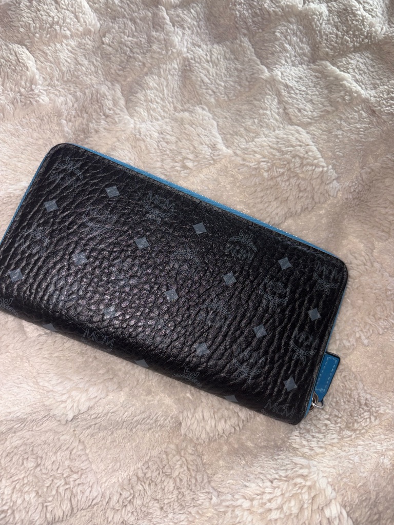 Mcm Black Monogram Zip Wallet With Blue Edge